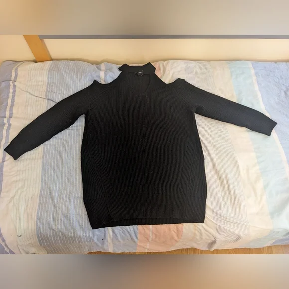 Black Off-the-Shoulder Sweater with Unique Cut-Out Neckline and Fitted Sleeves - Picture 3 of 9